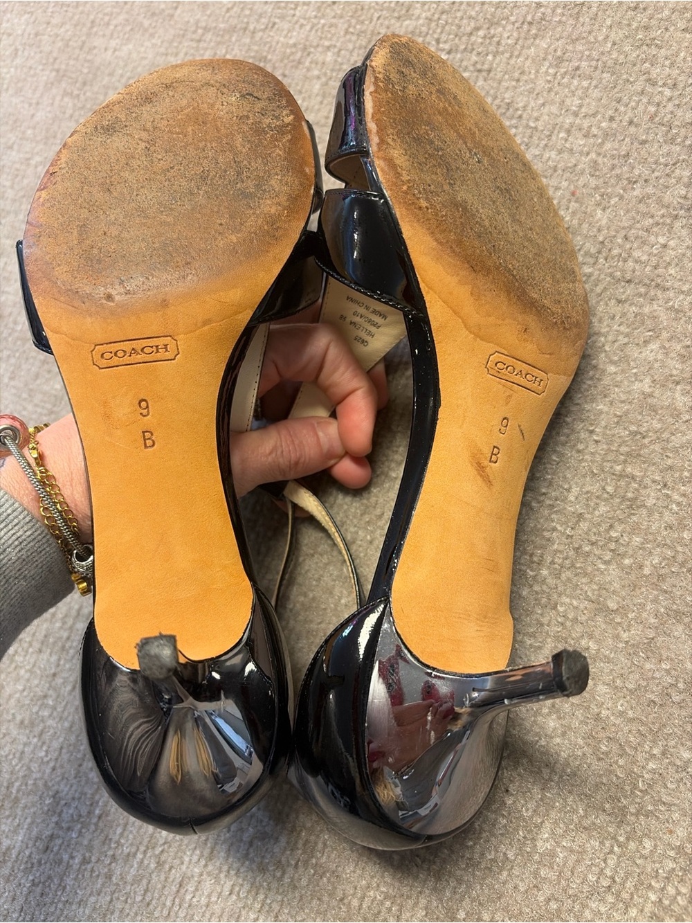 Coach Black Patent Leather T-Strap Sandals with Silver Medallion Accent - Picture 4 of 5